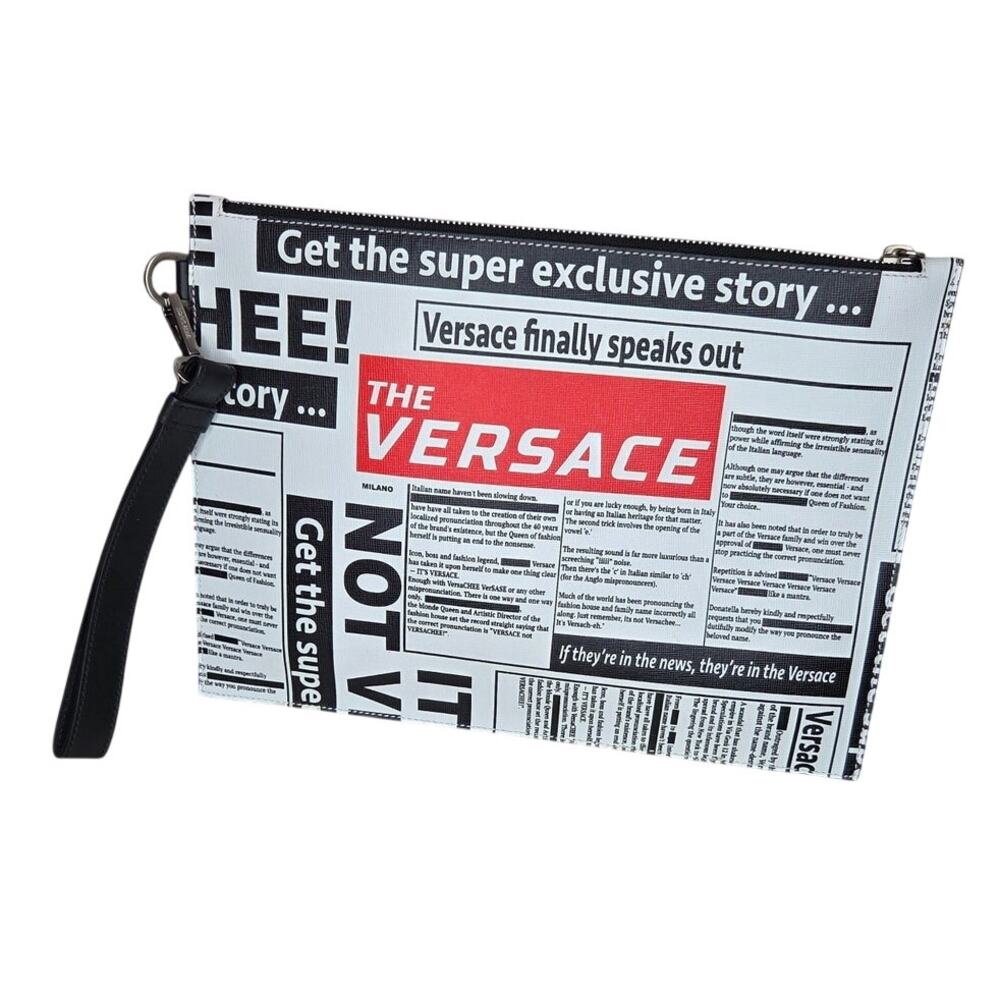 Versace Tabloid Print Saffiano Leather Wristlet Pouch Clutch - Picture 4 of 7